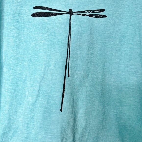 Three Stars Woman’s Top M? Turquoise Blue with Charcoal Gray Dragonfly Graphic - Picture 7 of 10